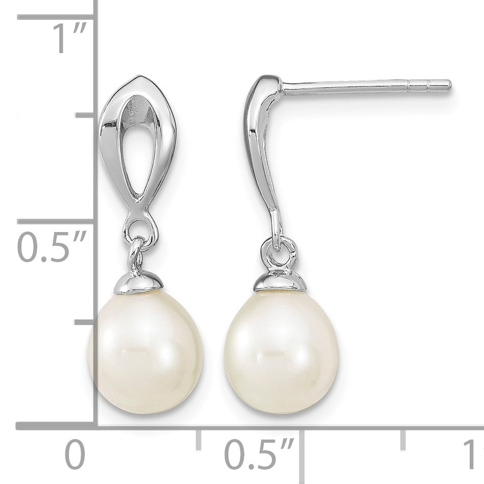 Sterling Silver Rhodium-plated 7-8mm White Rice Freshwater Cultured Pearl Post Dangle Earrings