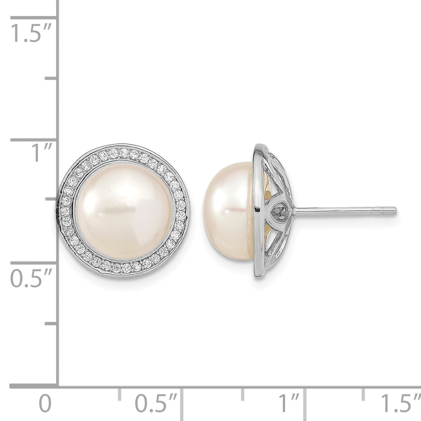 Sterling Silver Rhodium-plated 10-11mm White Button Freshwater Cultured Pearl and CZ Post Earrings