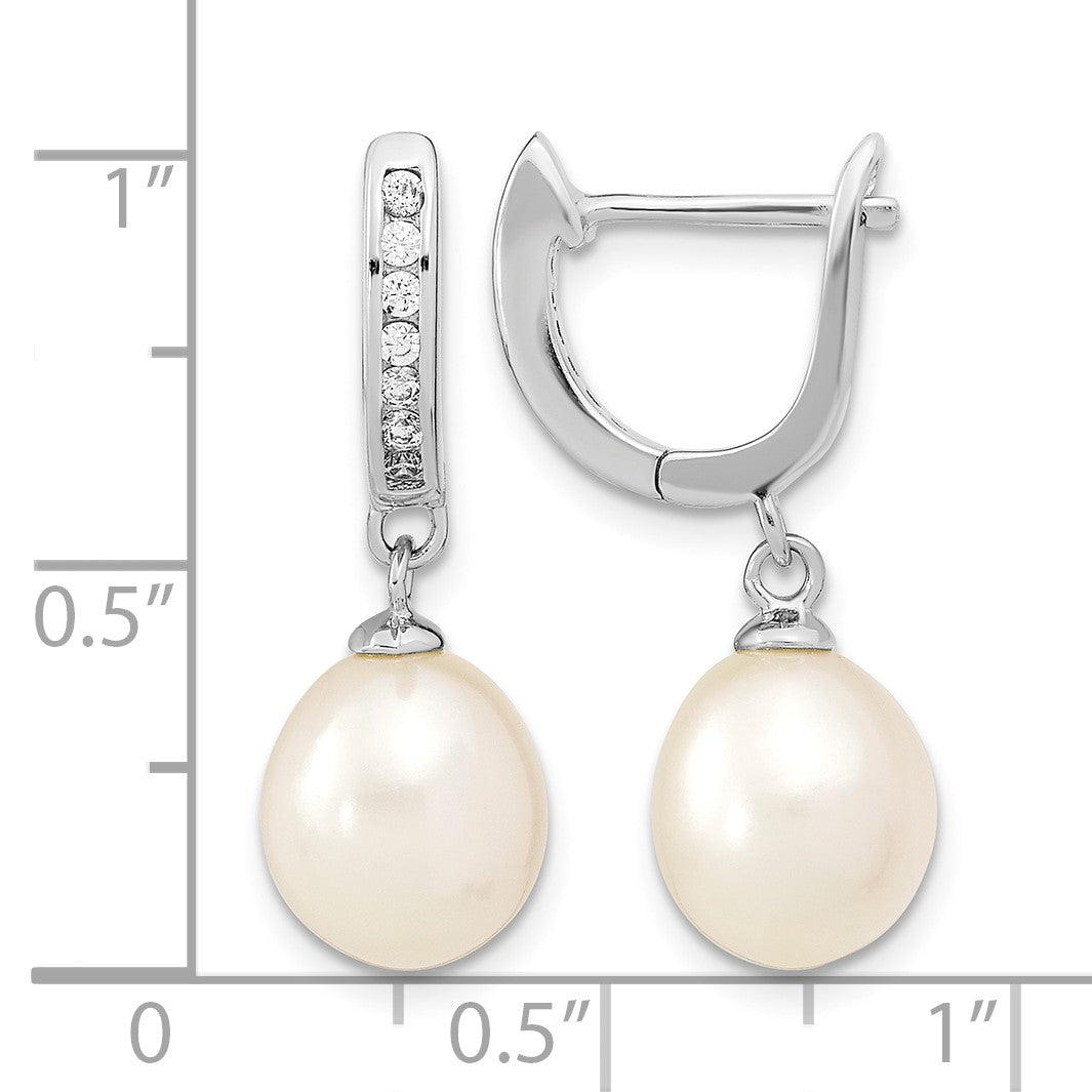 Sterling Silver Rhodium-plated 8-9mm White Rice Freshwater Cultured Pearl and CZ Dangle Hoop Earrings