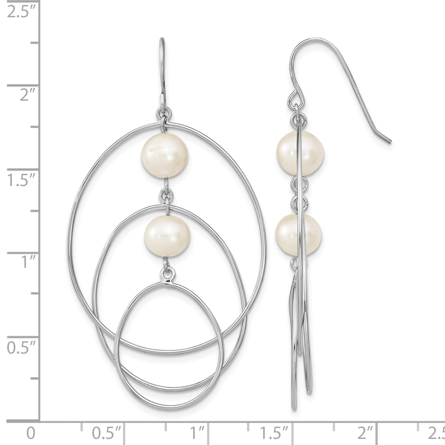 Sterling Silver Rhodium-plated 8-9mm White Semi-Round Freshwater Cultured Pearl Circles Dangle Earrings