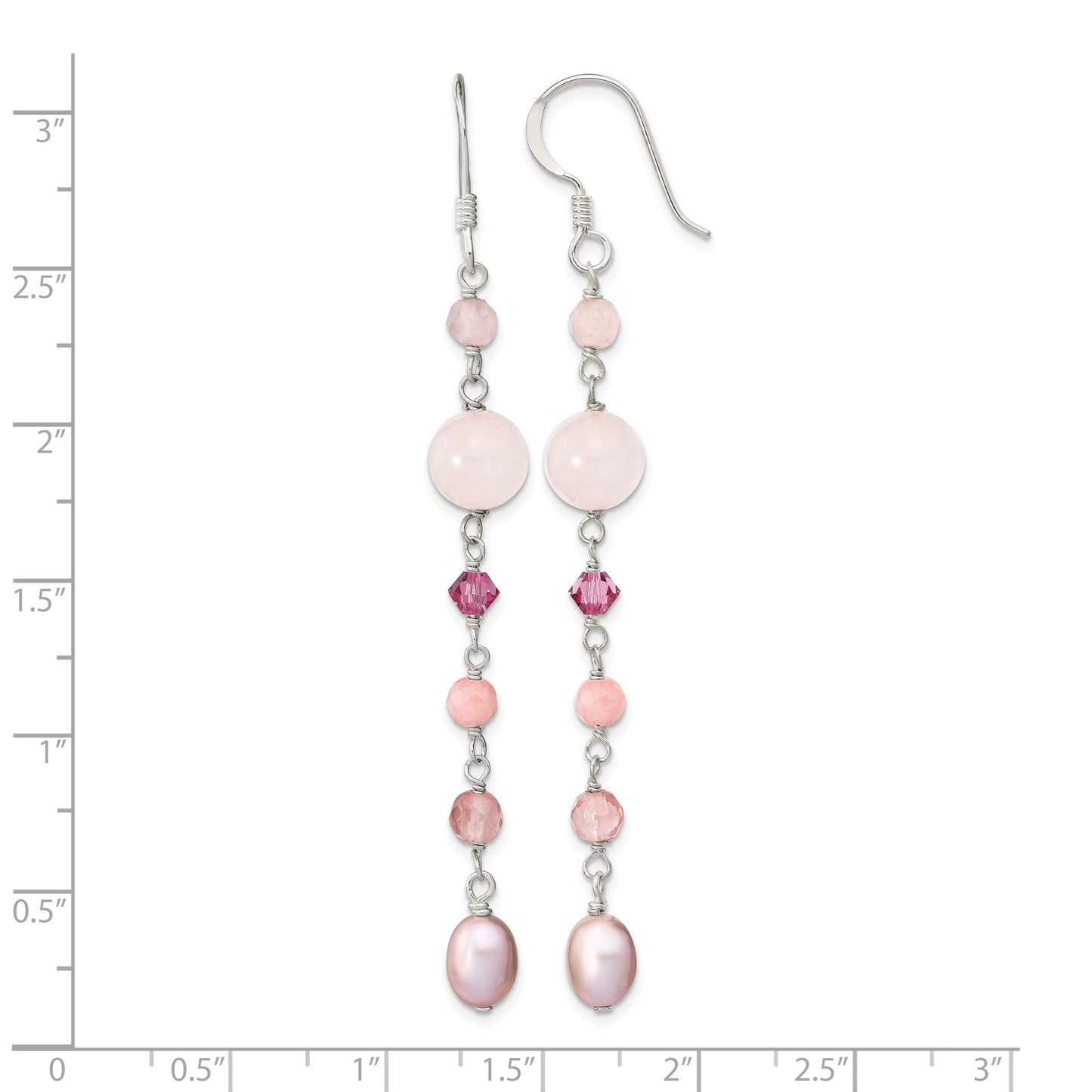 Sterling Silver Polished Pink FWC Pearl, Pink Jade, Rosaline, Cherry & Rose Quartz Dangle Earrings