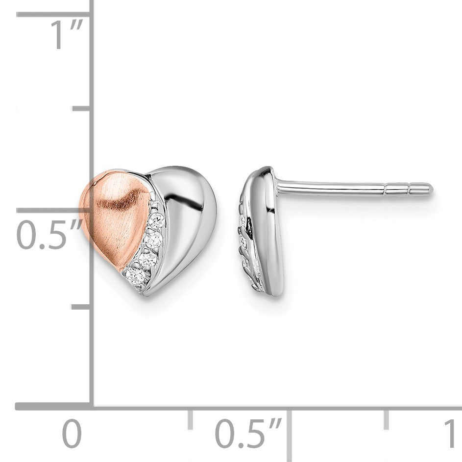 Sterling Silver Rhodium/Rose Gold-plated CZ Heart Earrings