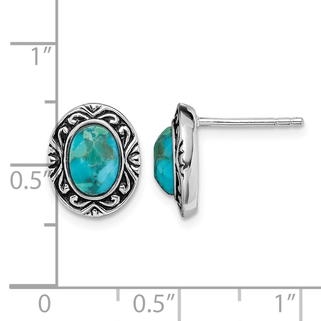 Sterling Silver Rhodium/Oxidized w/Recon. Turquoise Post Earrings