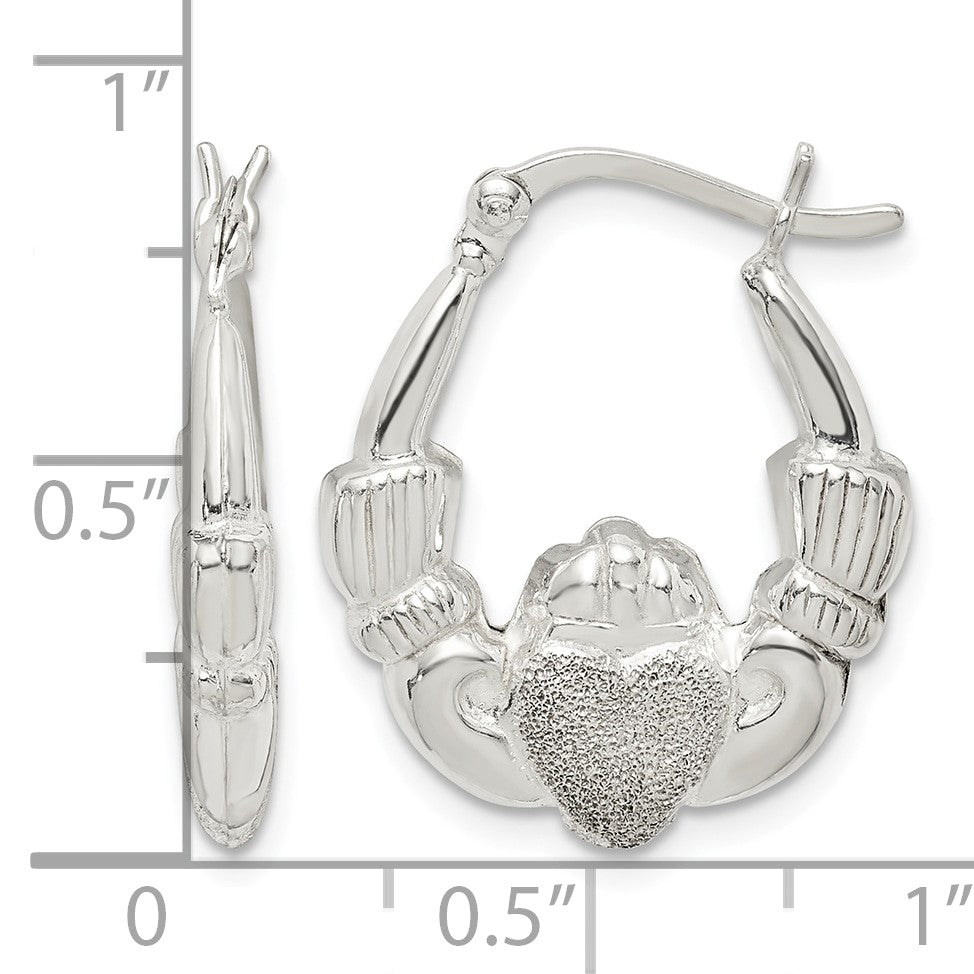 Sterling Silver Polished & Laser Cut Claddagh Hoop Earrings