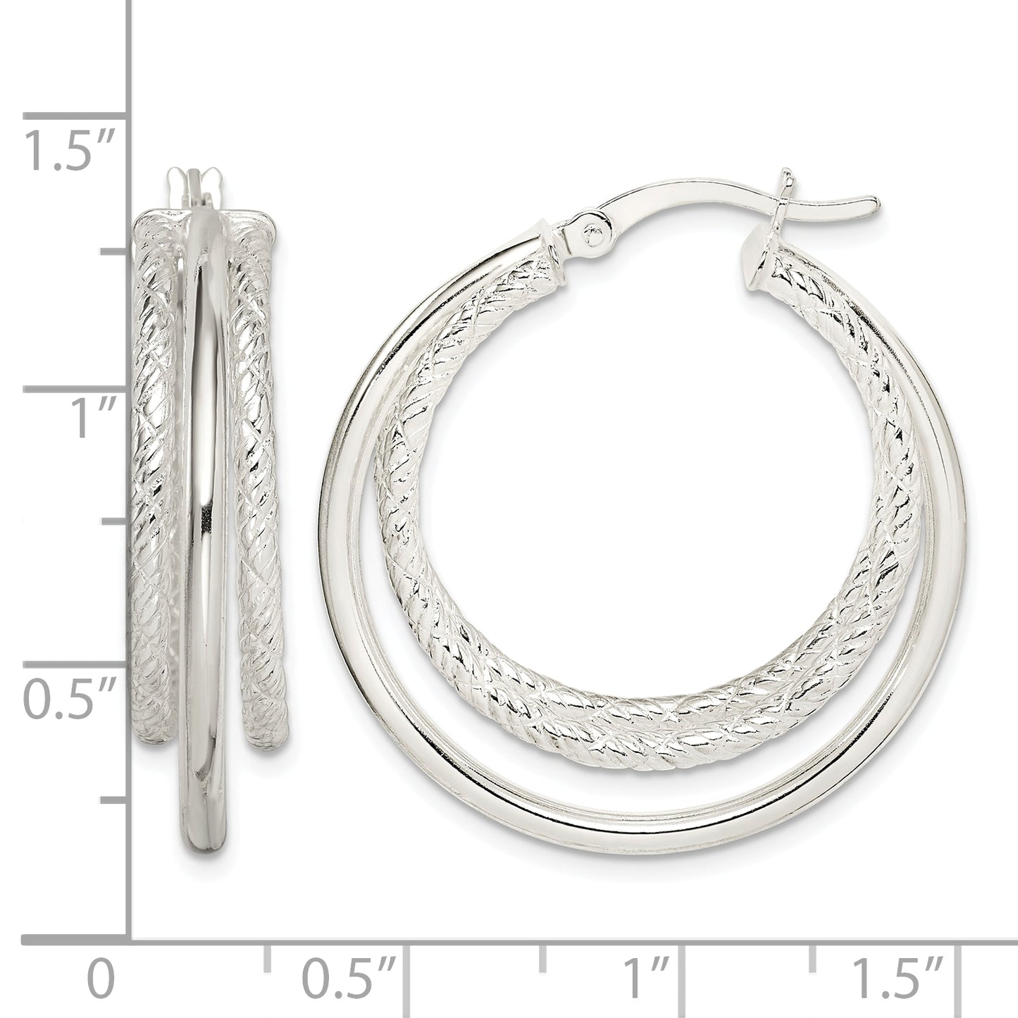 Sterling Silver Textured and Polished Triple Hoop Earrings