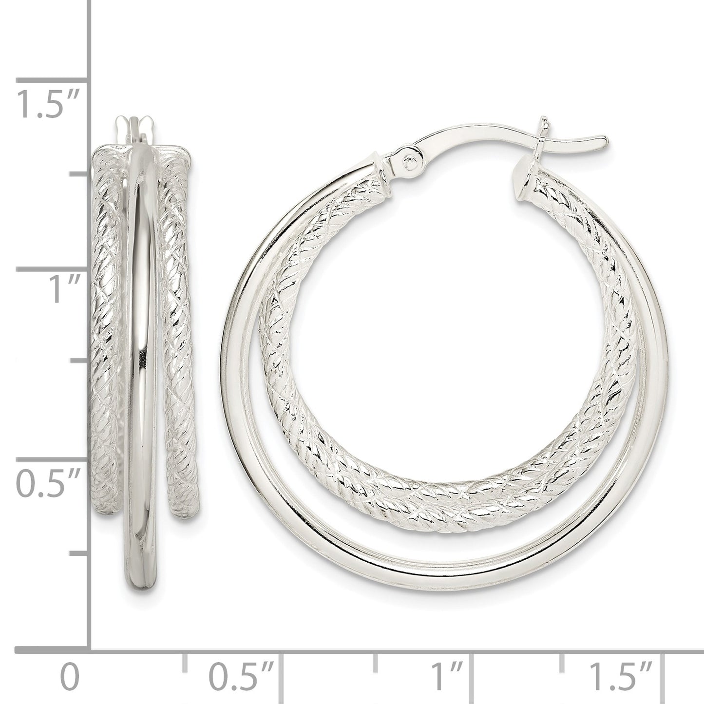 Sterling Silver Textured and Polished Triple Hoop Earrings