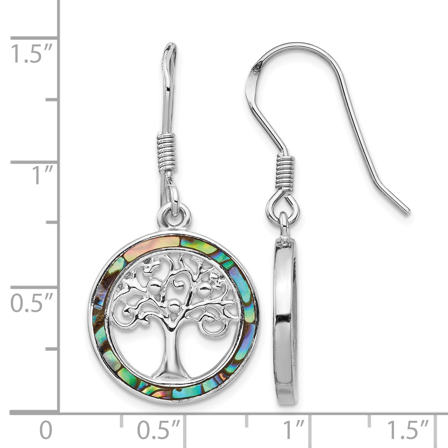 Sterling Silver Rhodium-plated Abalone Circle w/ Tree Dangle Earrings