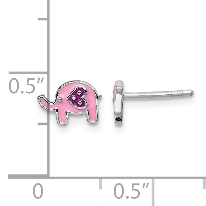 Sterling Silver Rhodium-plated Polished Pink & Purple Enameled Elephant Children's Post Earrings