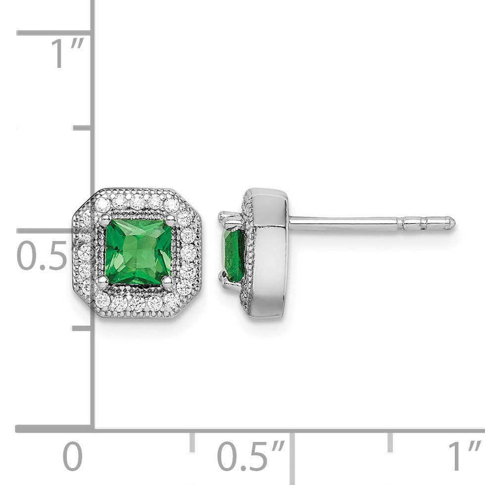 Sterling Silver Rhodium Plated Square Green and Clear CZ Post Earrings