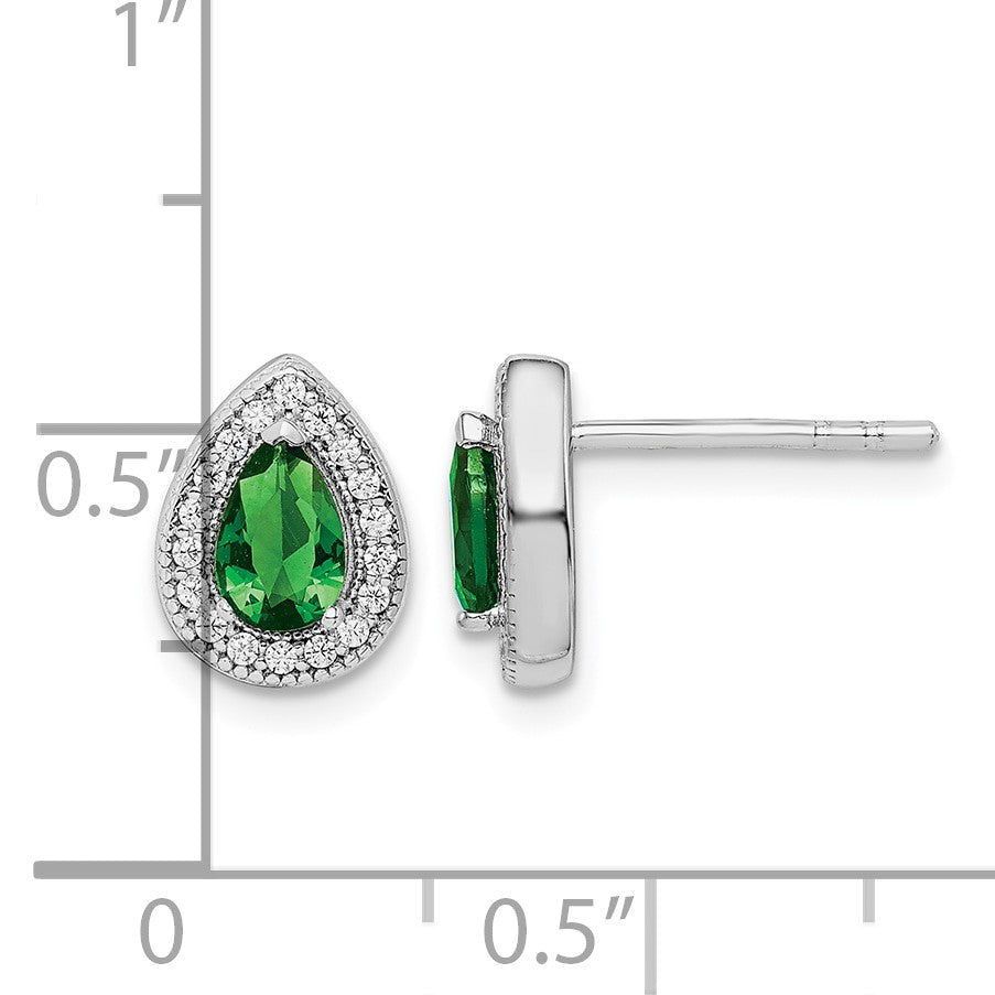 Sterling Silver Rhodium Plated Green and Clear CZ Post Earrings