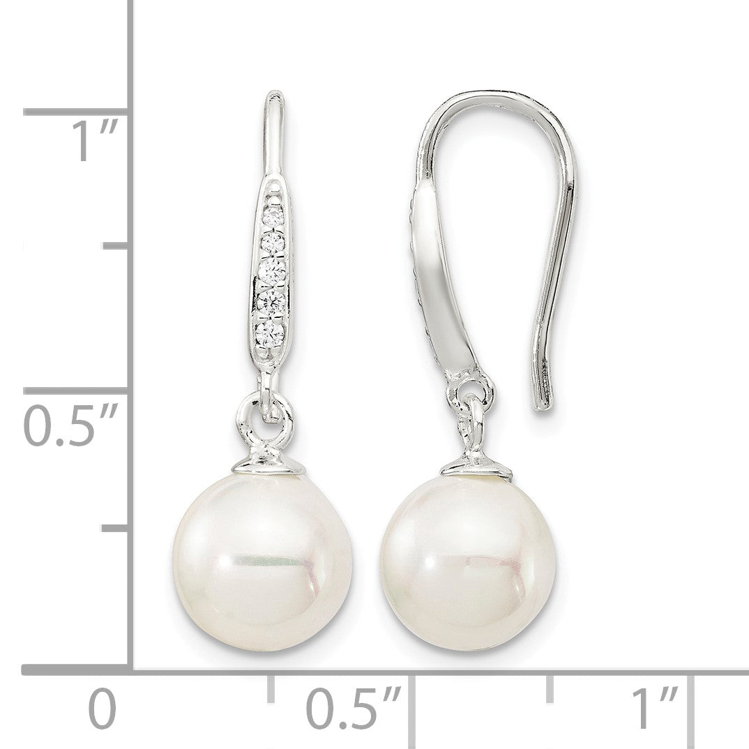 Sterling Silver Rhodium-plated Polished White 7-8mm Shell Pearl & CZ Dangle Earrings