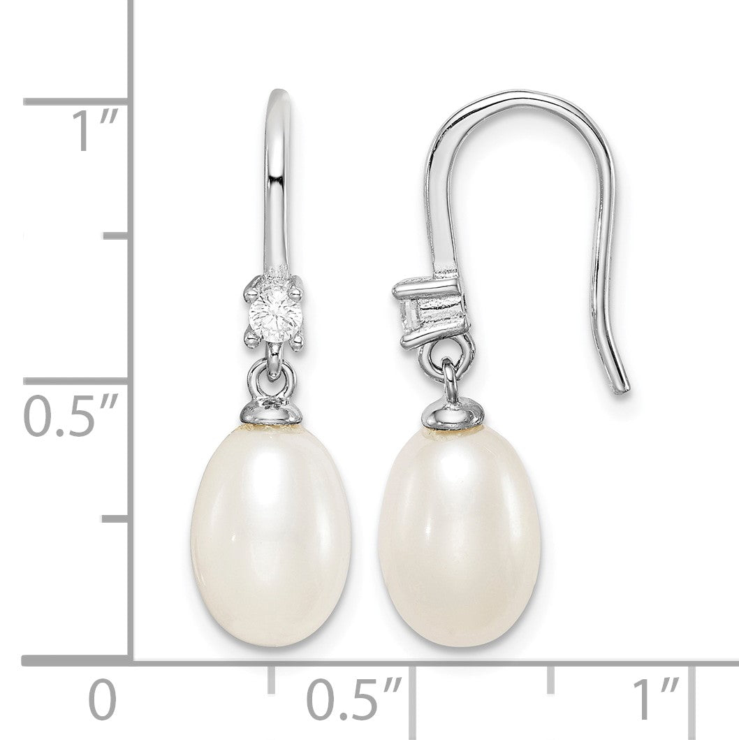 Sterling Silver Rhodium-plated 7-8mm White Teardrop Freshwater Cultured Pearl and CZ Dangle Earrings