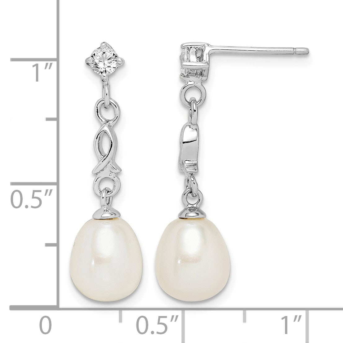 Sterling Silver Rhodium-plated 7-8mm White Rice Freshwater Cultured Pearl and CZ Post Dangle Earrings