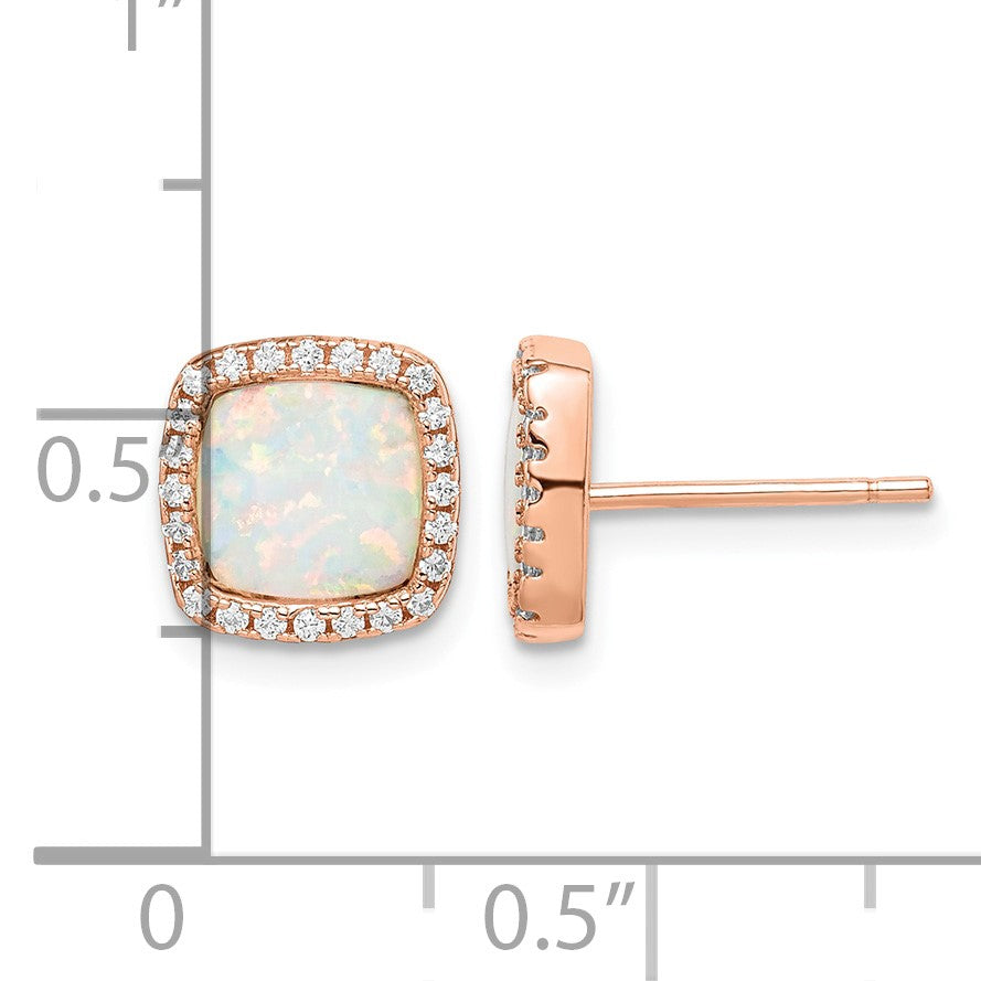 Sterling Silver Rose-Tone Created Opal & CZ Square Halo Post Earrings