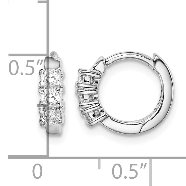 Sterling Silver RH-plated 3-stone CZ 2x11mm Hinged Hoop Earrings