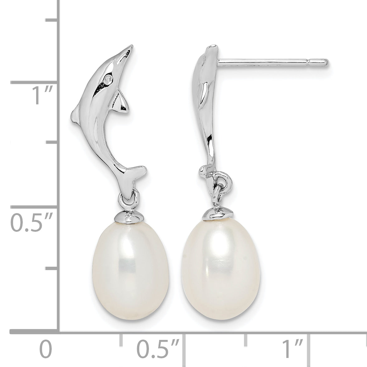 Sterling Silver Rhodium-plated 7-8mm White Rice Freshwater Cultured Pearl Dolphin Post Dangle Earrings
