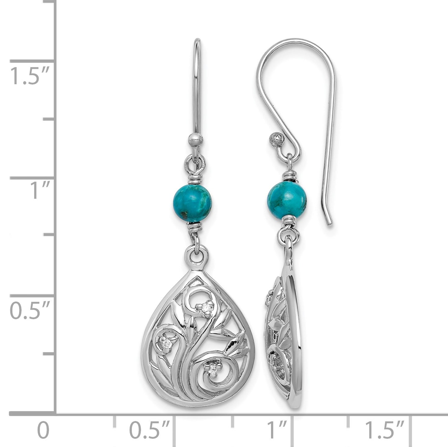 Sterling Silver Rhodium-plated Polished Filigree CZ & Reconstituted Turquoise Teardrop Dangle Earrings