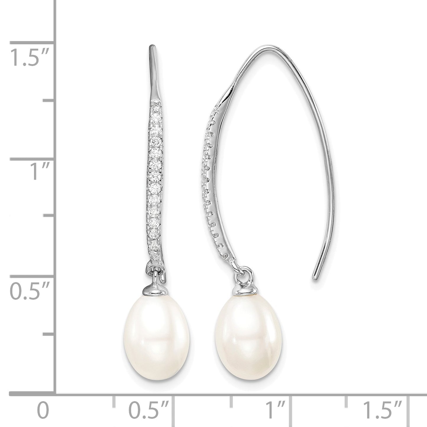 Sterling Silver Rhodium-plated 7-8mm White Teardrop Freshwater Cultured Pearl and CZ Threader Earrings