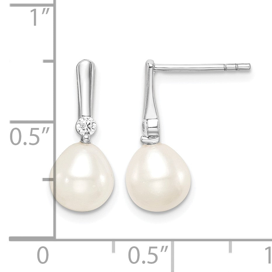 Sterling Silver Rhodium-plated 7-8mm White Rice Freshwater Cultured Pearl and CZ Post Dangle Earrings