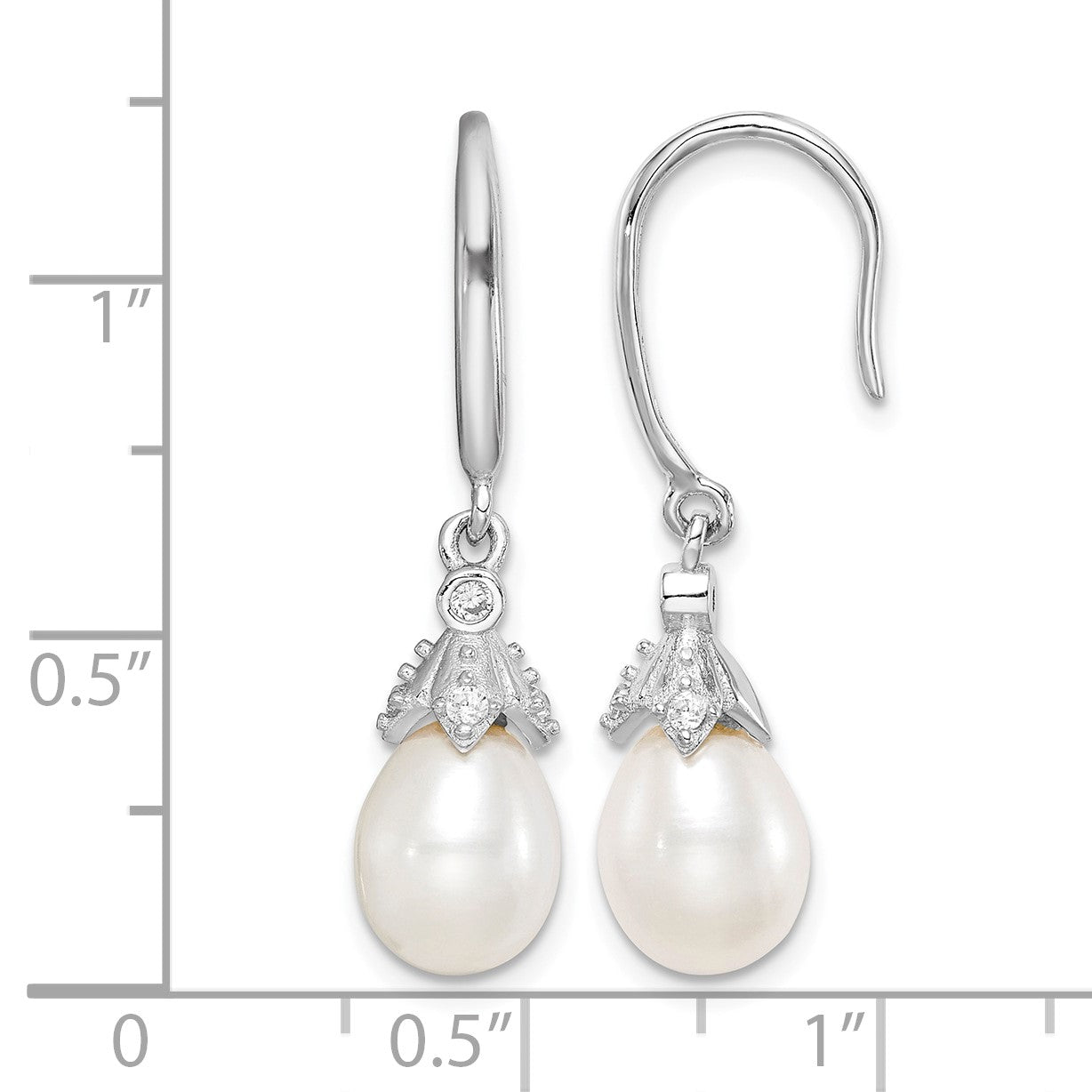 Sterling Silver Rhodium-plated 7-8mm White Teardrop Freshwater Cultured Pearl and CZ Dangle Earrings