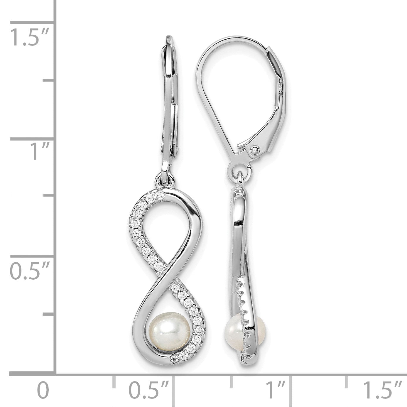 Sterling Silver Rhodium-plated 4-5mm White Freshwater Cultured Pearl and CZ Infinity Dangle Leverback Earrings