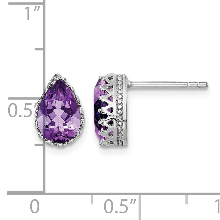 Sterling Silver Rhodium-plated 10mm Polished Pear Amethyst Post Earrings