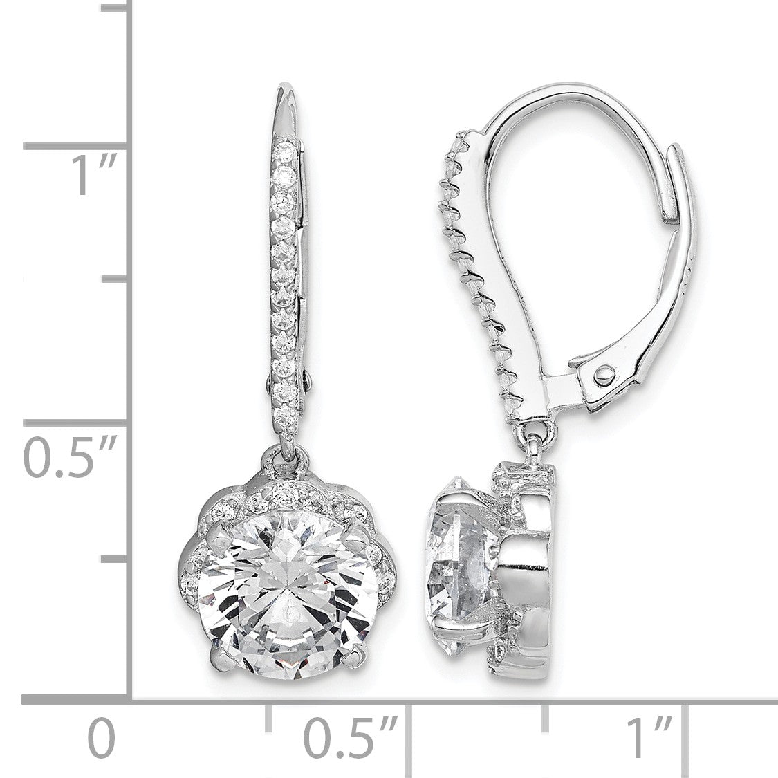 Sterling Silver Rhodium-plated Polished CZ Flower Leverback Earrings