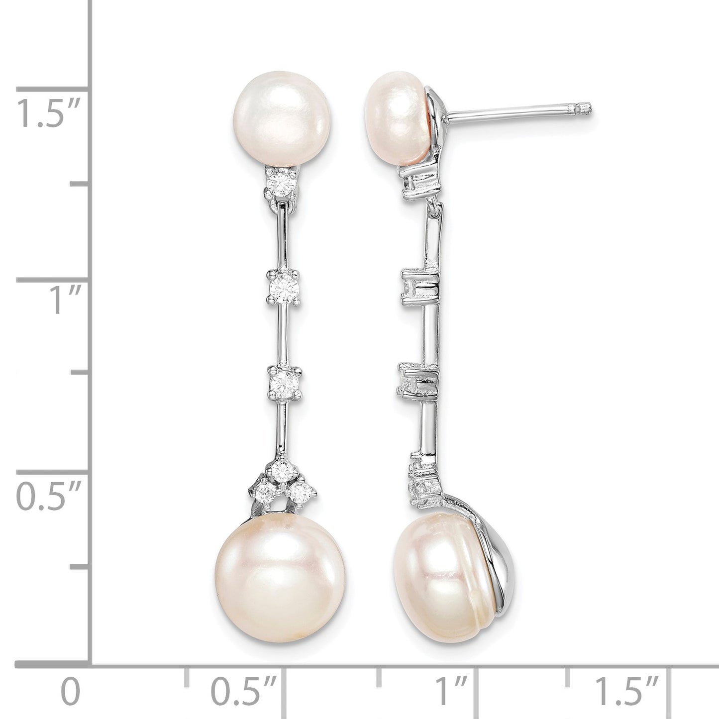 Sterling Silver Rhodium-plated CZ FWC Button Pearl Dangle Post Earrings