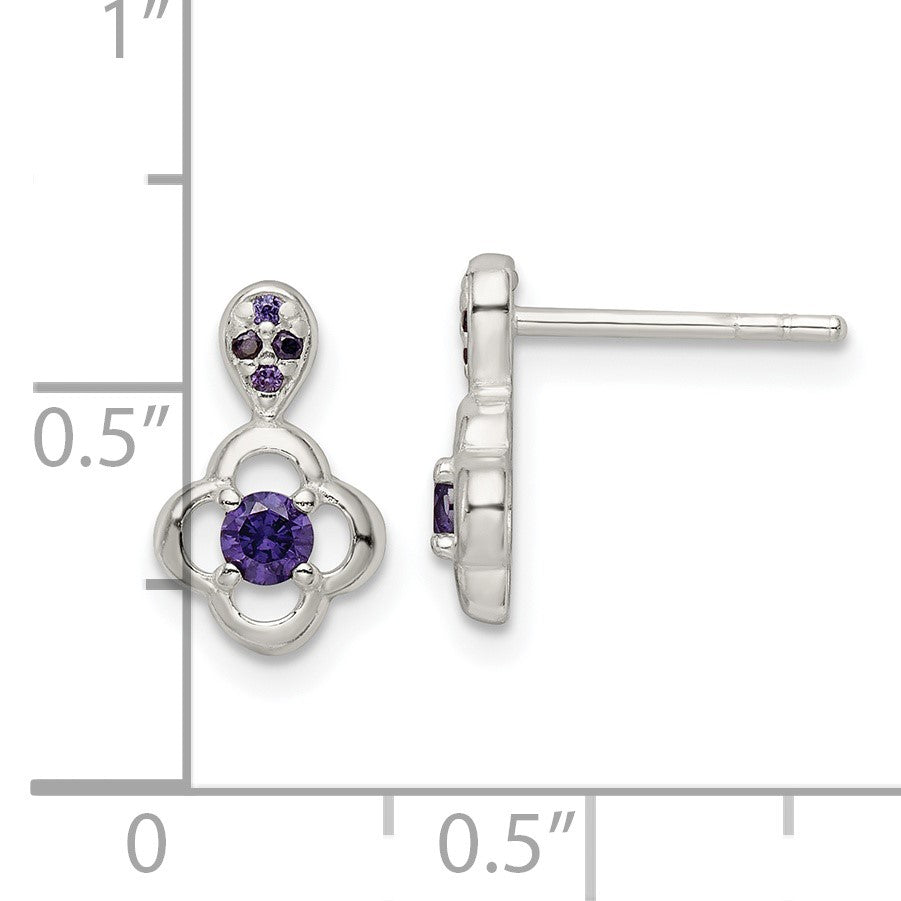 Sterling Silver Polished Purple CZ Flower Post Dangle Earrings