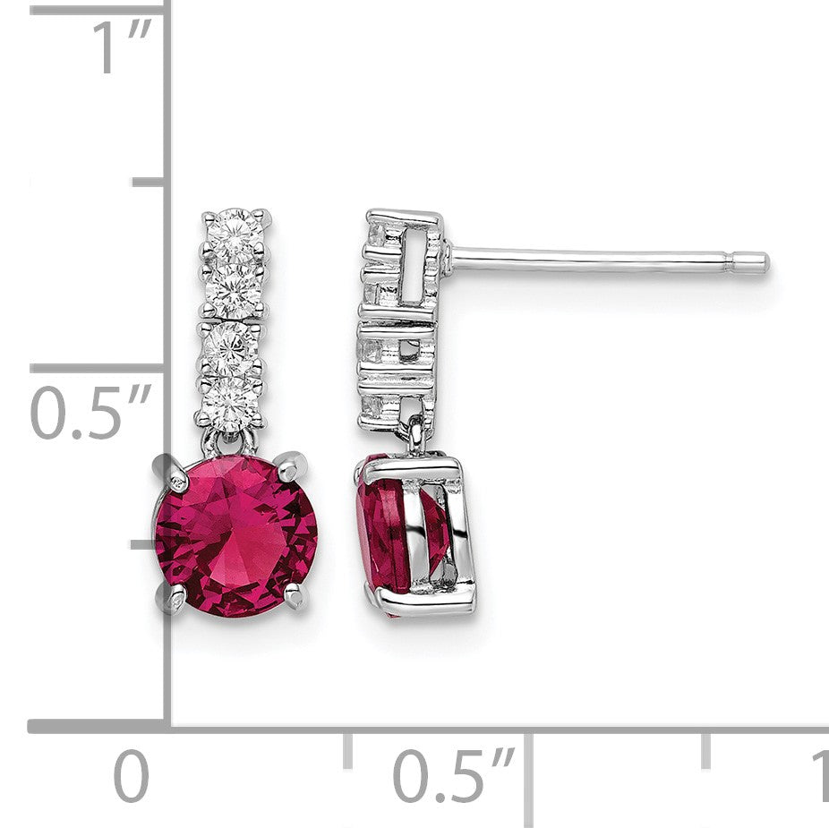 Sterling Silver Rhodium-plated Created Ruby and CZ Post Dangle Earrings
