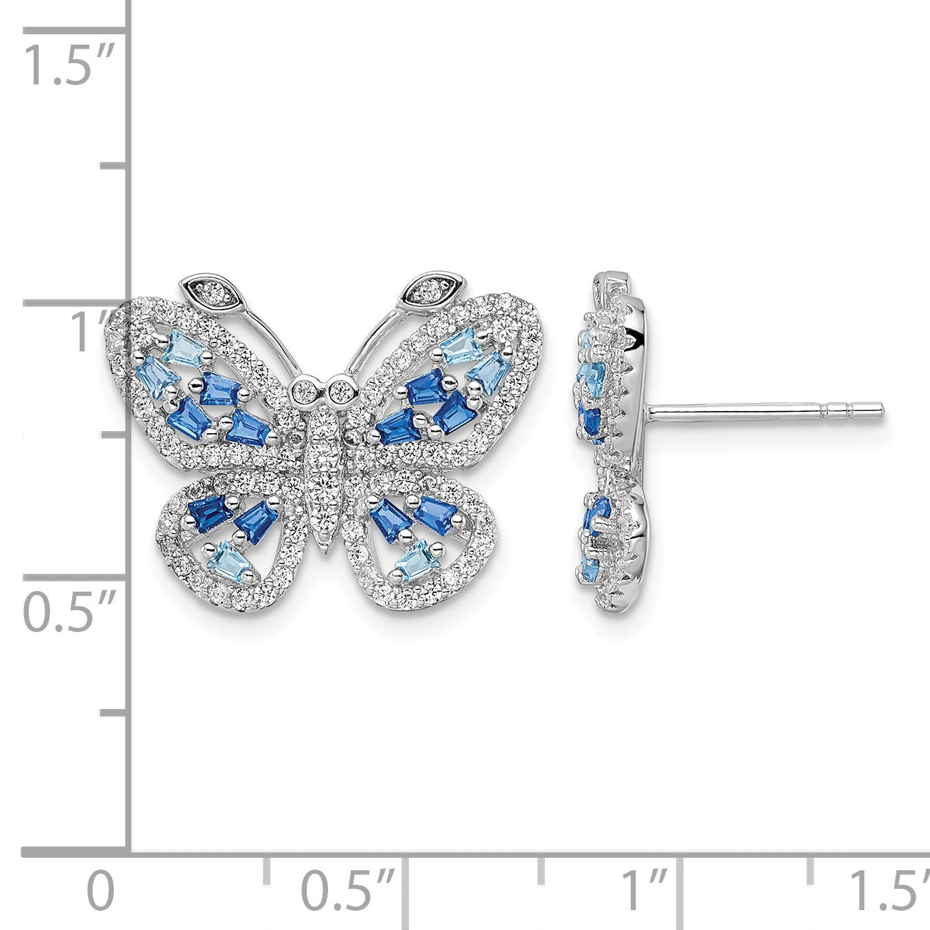 Sterling Silver Rhodium-plated Polished Light and Dark Blue CZ with Clear CZ Butterfly Post Earrings