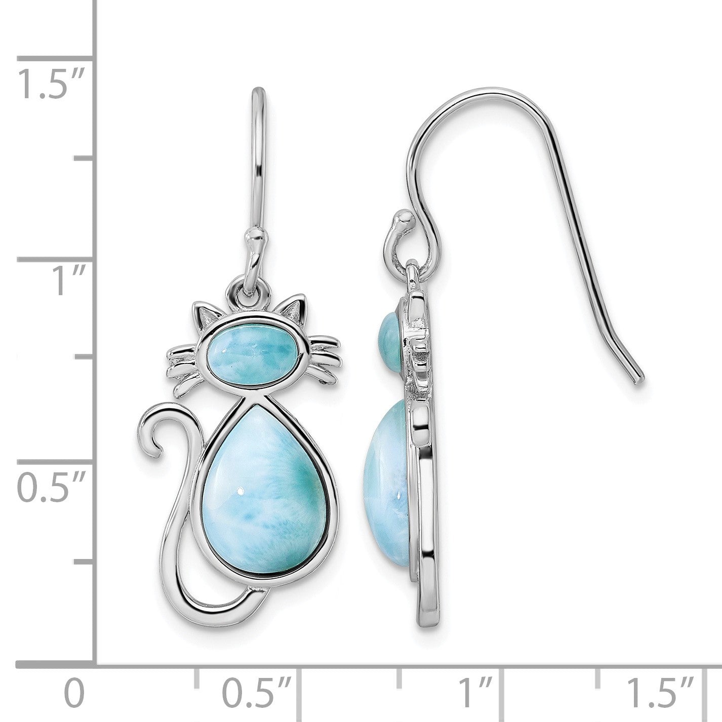 Sterling Silver Rhodium-plated Polished Larimar Cat Dangle Earrings
