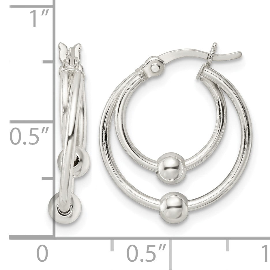 Sterling Silver Polished Double Circle Beaded Hoop Earrings