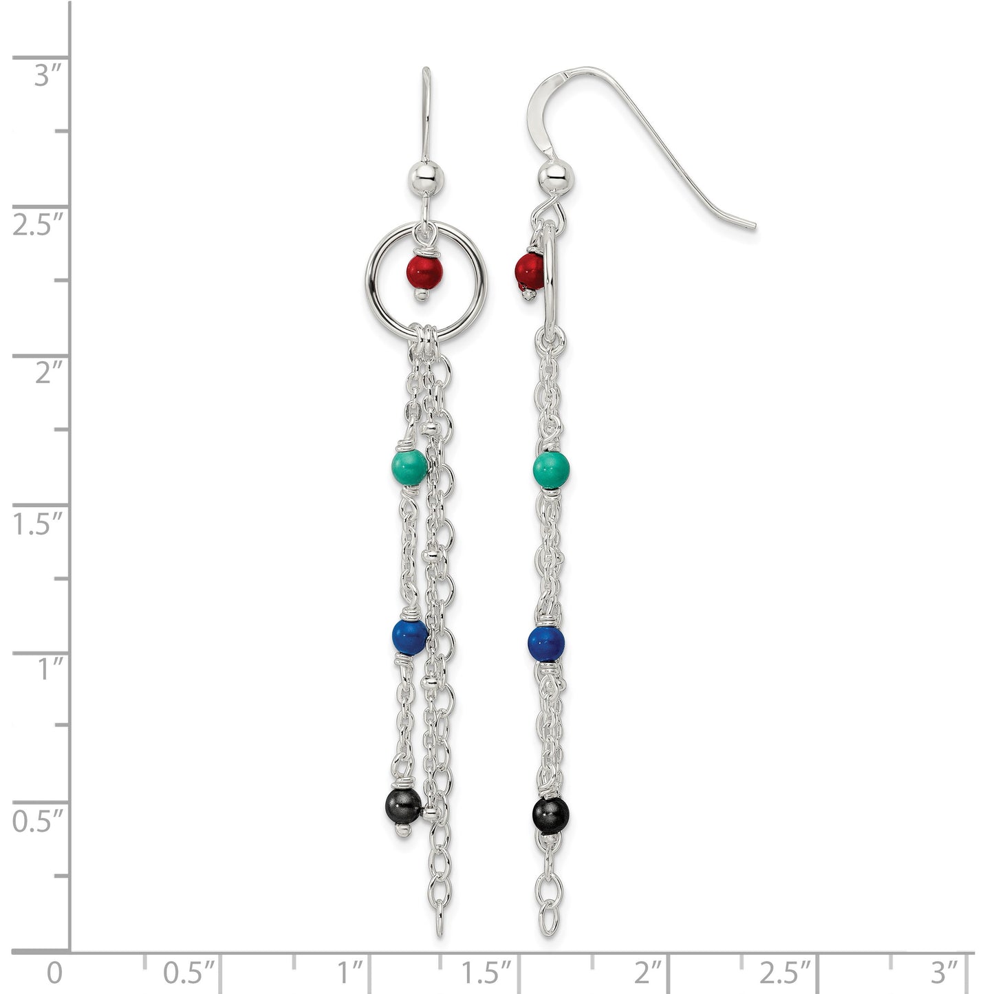 Sterling Silver Polished Multicolor Glass Beads & Chain Dangle Earrings