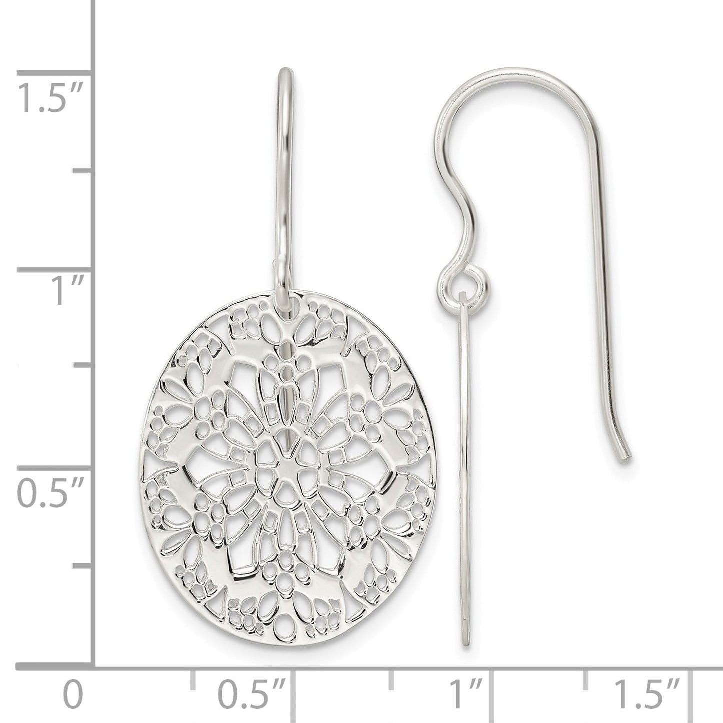 Sterling Silver Polished Floral Oval Dangle Earrings