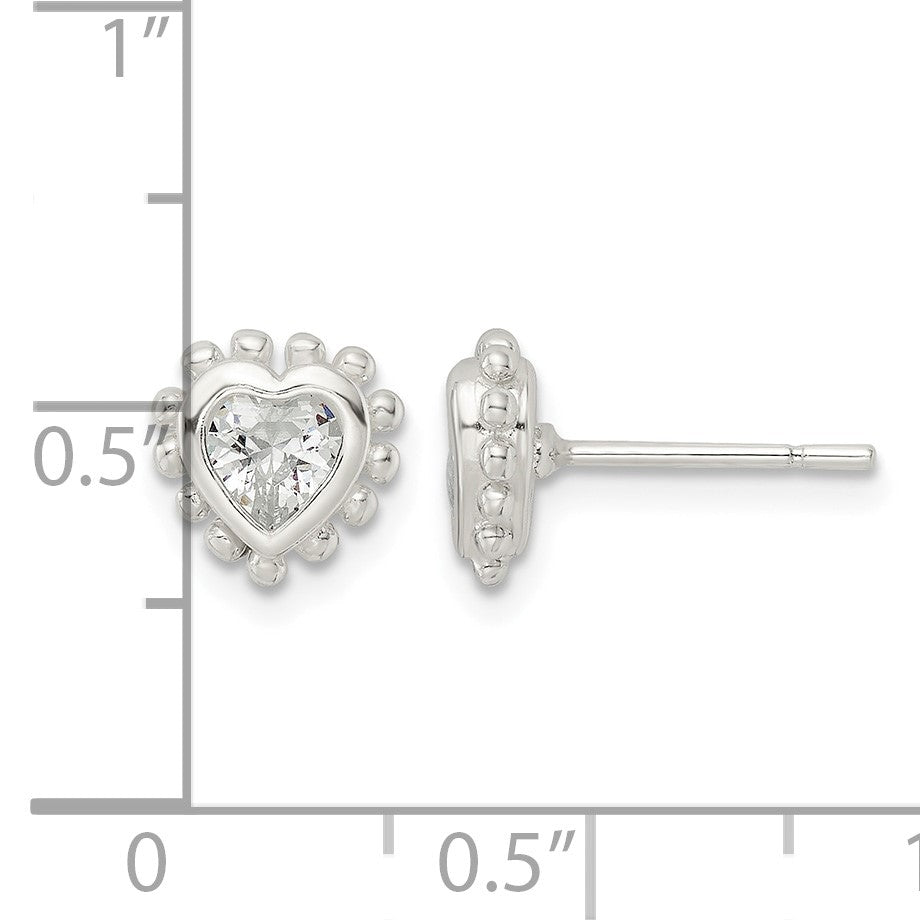 Sterling Silver Polished & Beaded Edge Heart CZ Post Earrings