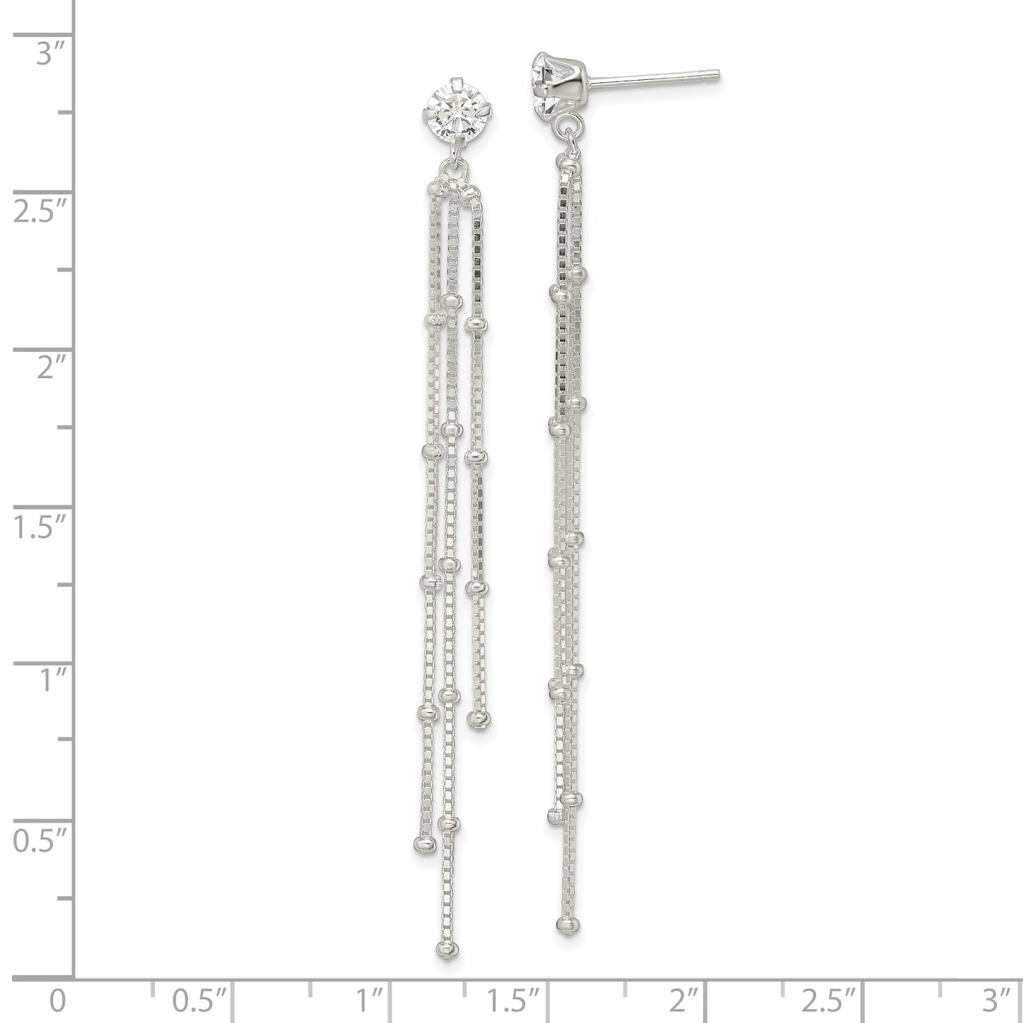 Sterling Silver Polished CZ & Beaded Chain Post Dangle Earrings
