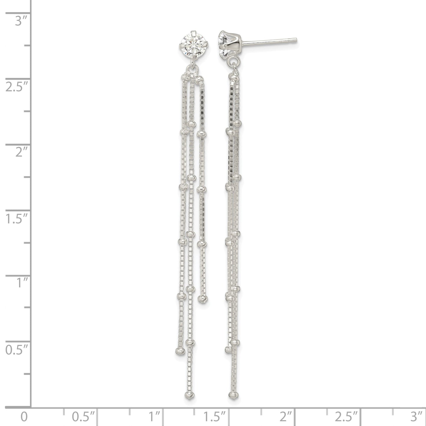 Sterling Silver Polished CZ & Beaded Chain Post Dangle Earrings