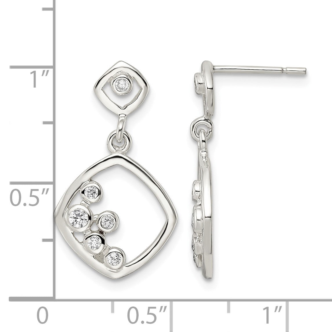 Sterling Silver Polished CZ Square Dangle Post Earrings