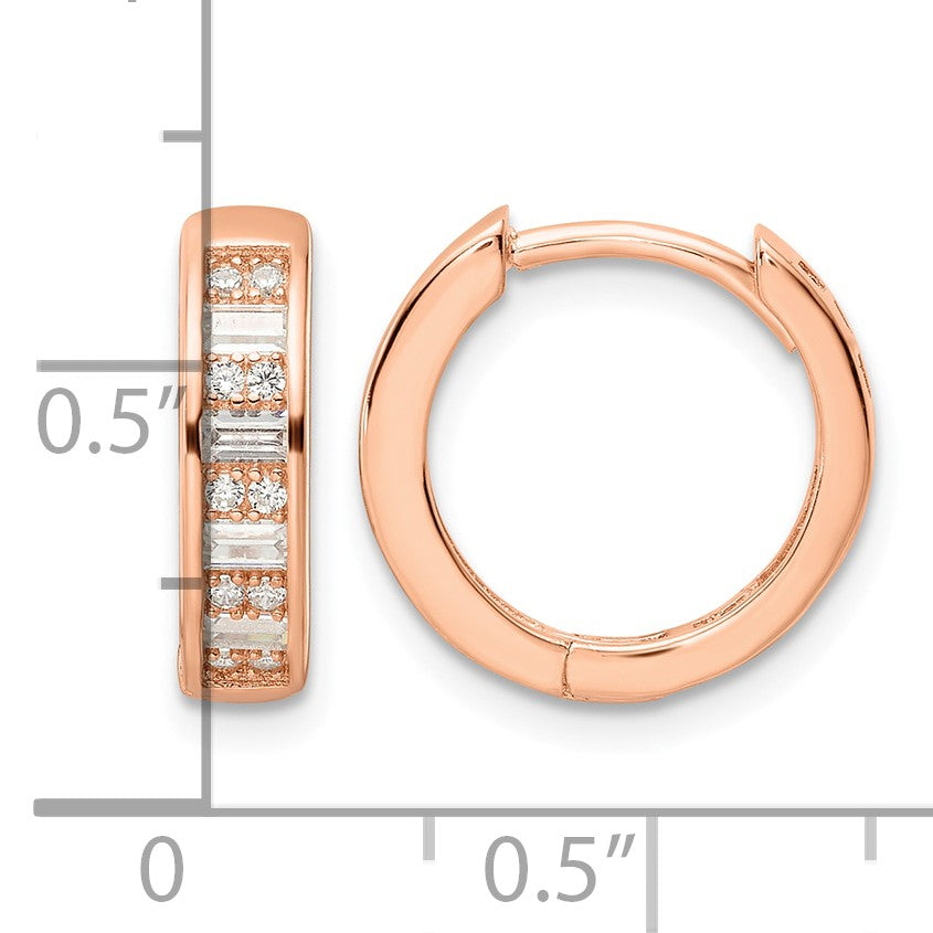 Sterling Silver Polished Rose-tone CZ Hinged Hoop Earrings