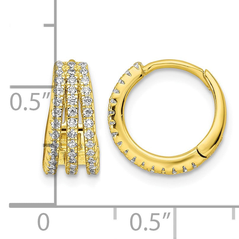 Sterling Silver Gold-tone Polished Triple Row CZ Hinged Hoop Earrings