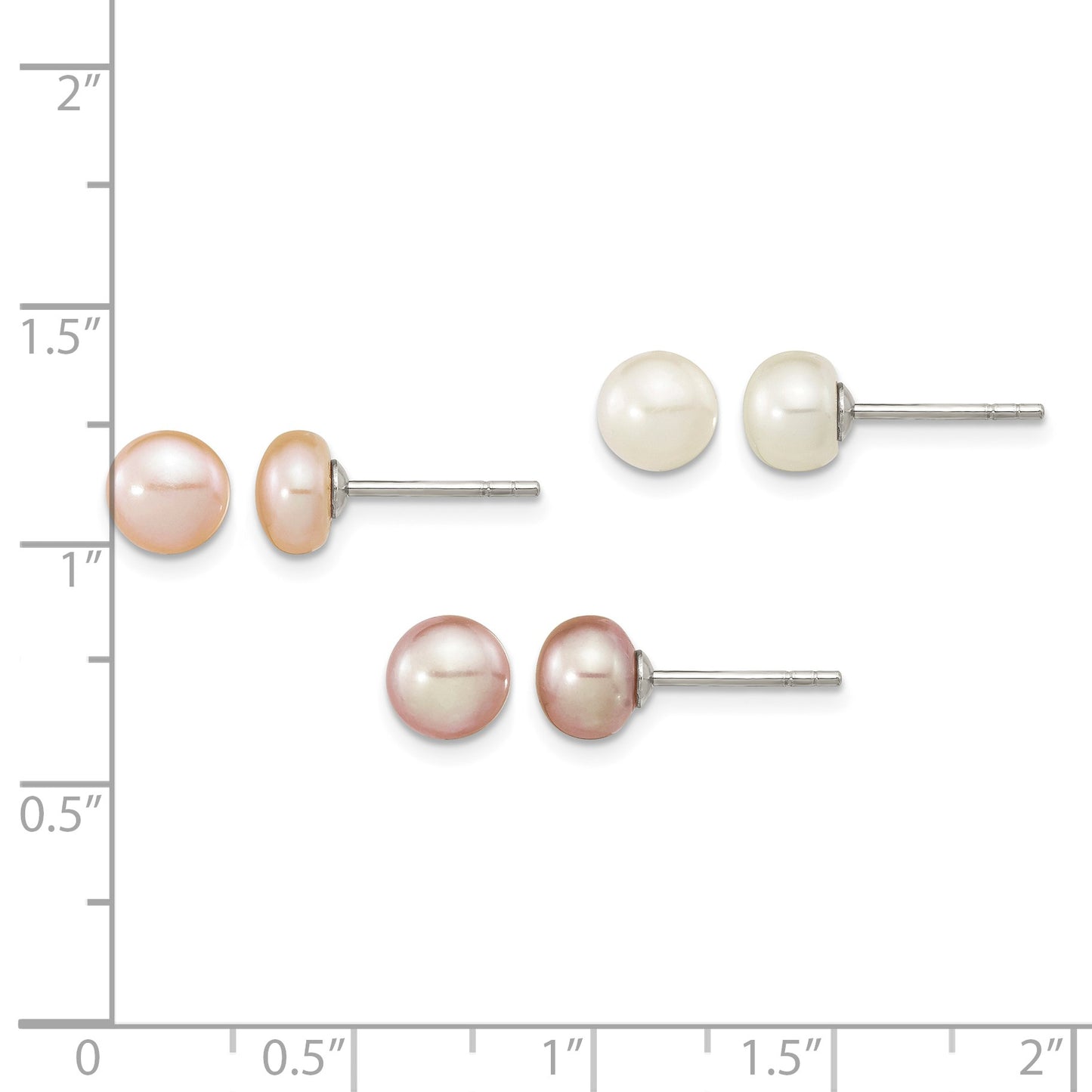 Sterling Silver Rhodium-plated 6-7mm White, Pink and Purple Button Freshwater Cultured Pearl Set of 3 Post Earrings