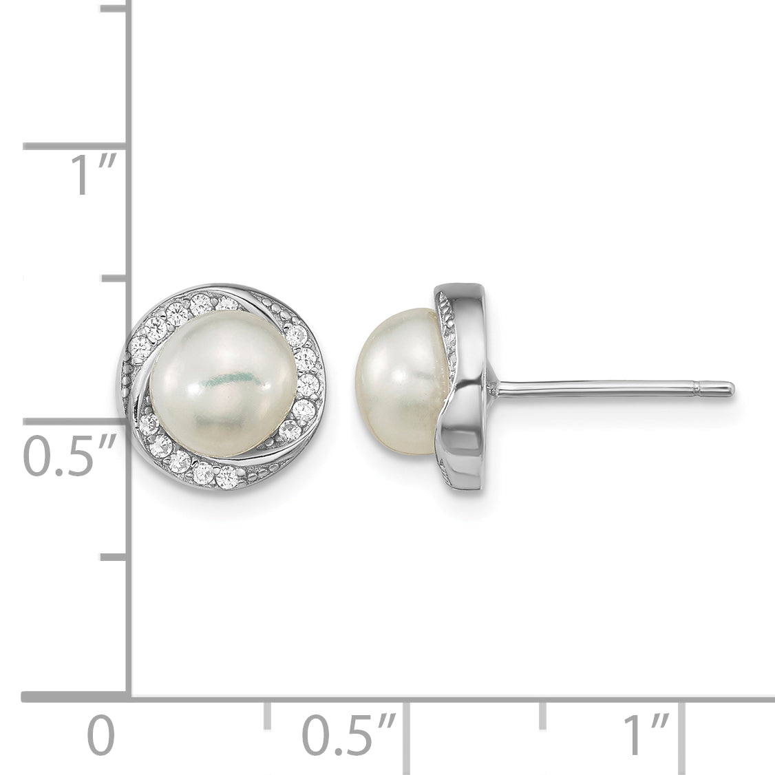 Sterling Silver Rhodium-plated 6-7mm White Button Freshwater Cultured Pearl and CZ Post Earrings