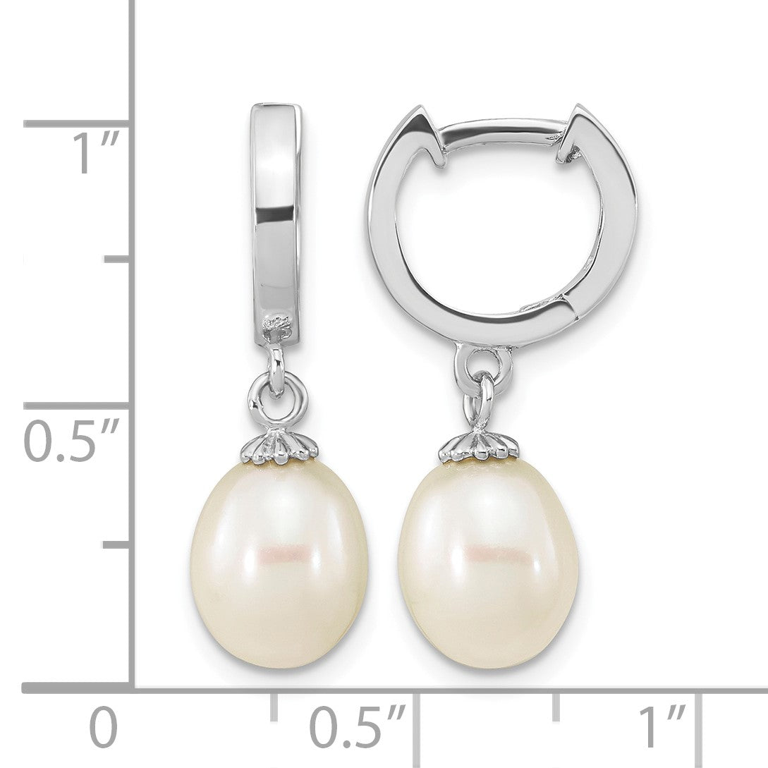 Sterling Silver Rhodium-plated 8-9mm White Teardrop Freshwater Cultured Pearl Dangle Hoop Earrings