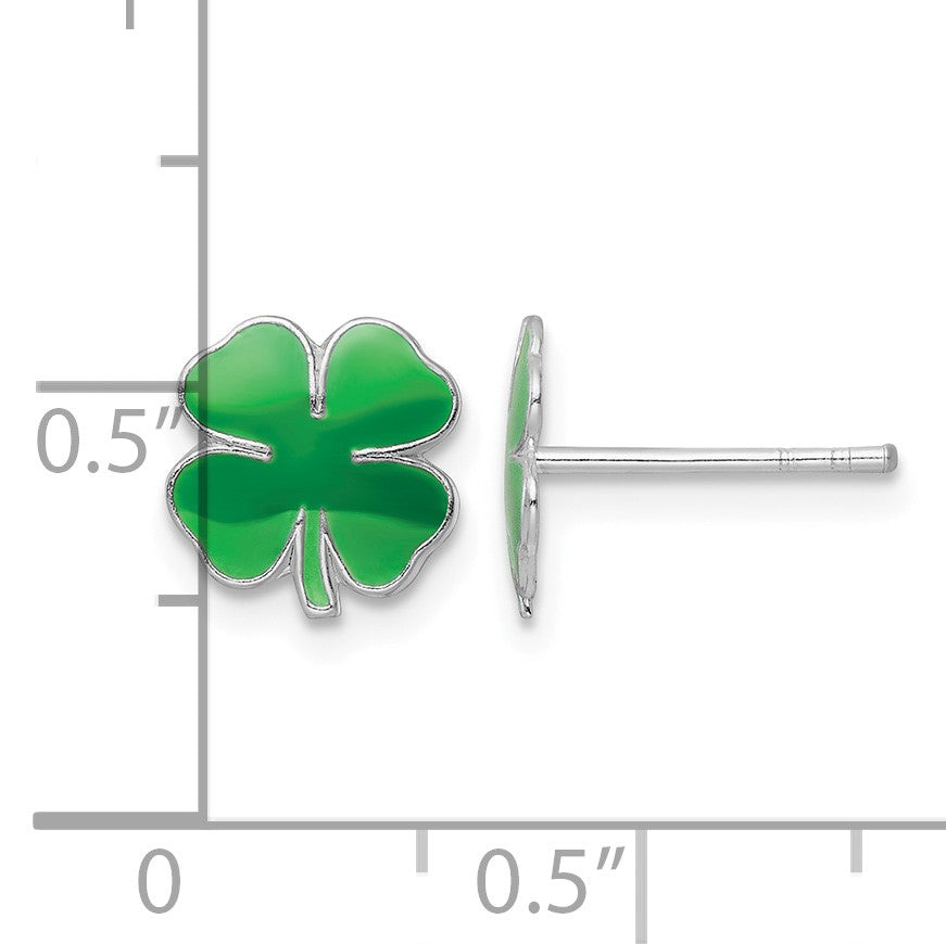 Sterling Silver Rhodium-plated Polished & Green Enameled Four Leaf Clover Children's Post Earrings