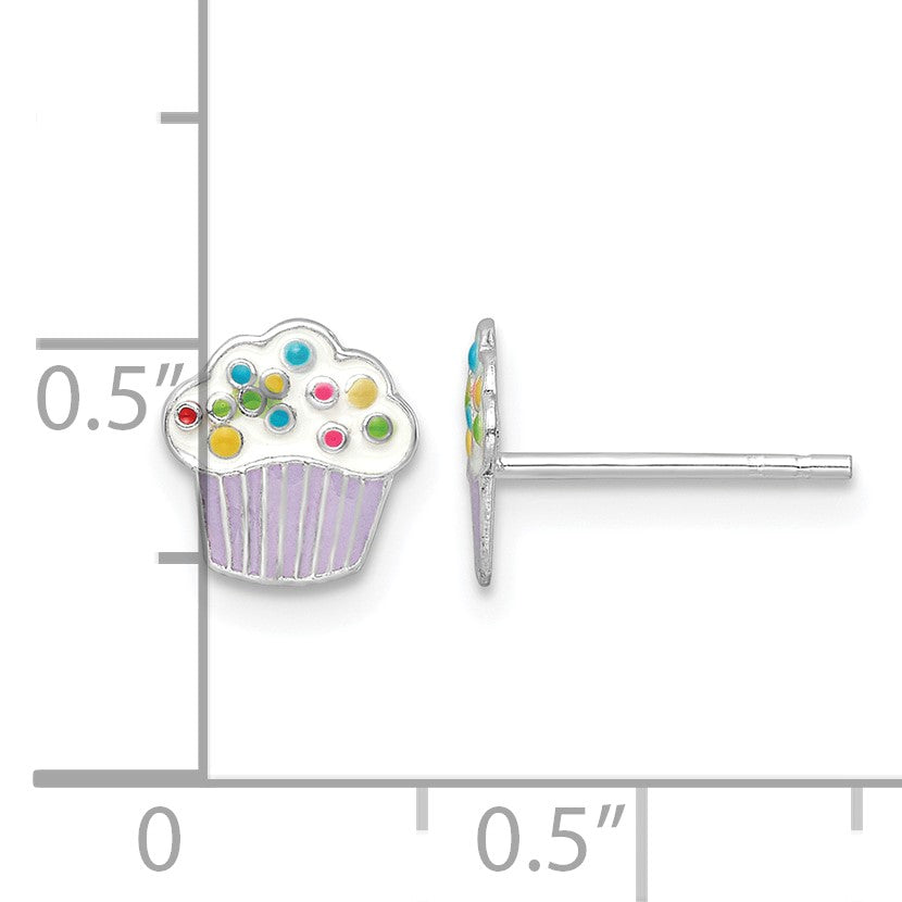 Sterling Silver Rhodium-plated Polished Multi-color Enameled Cupcake Children's Post Earrings