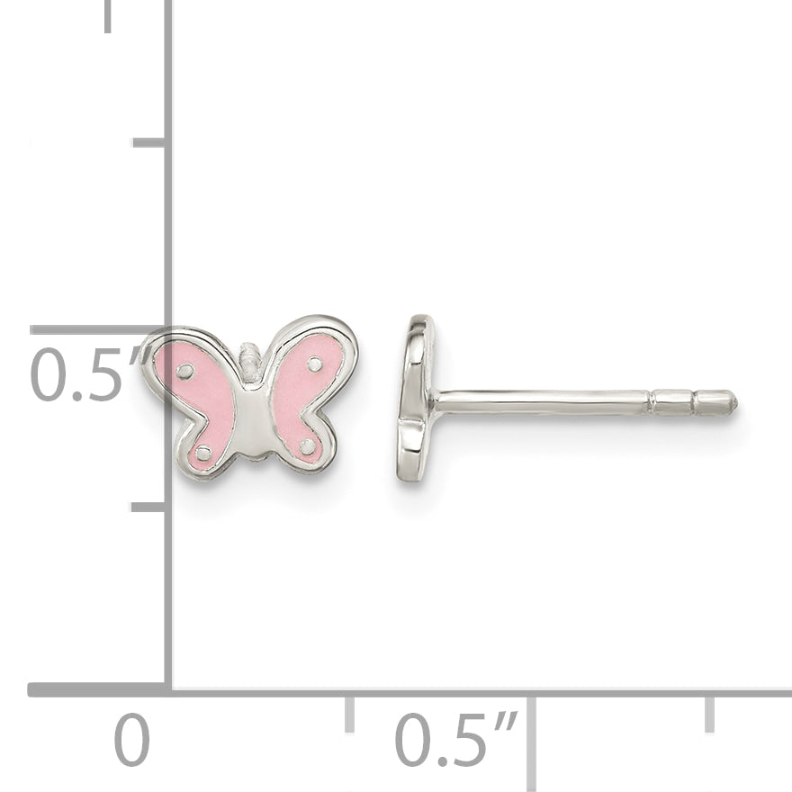 Sterling Silver RH-pltd Polish Pink Enamel Butterfly Childs Post Earrings