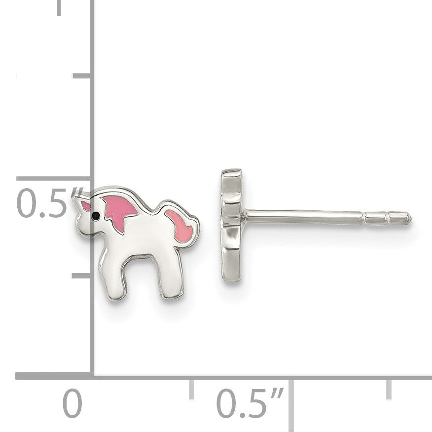 Sterling Silver Polished Multi-color Enameled Unicorn Children's Post Earrings