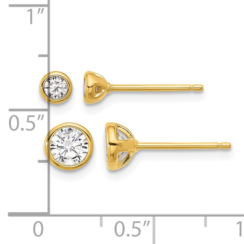 Sterling Silver Gold-tone 3mm and 5mm CZ Bezel Post Earrings Set