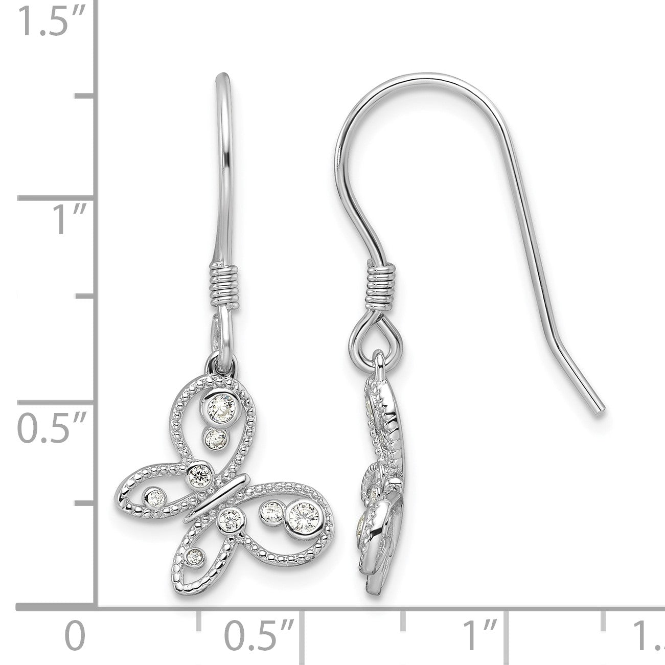 Sterling Silver Rhodium-plated CZ Butterfly Shepherd Hook Earrings